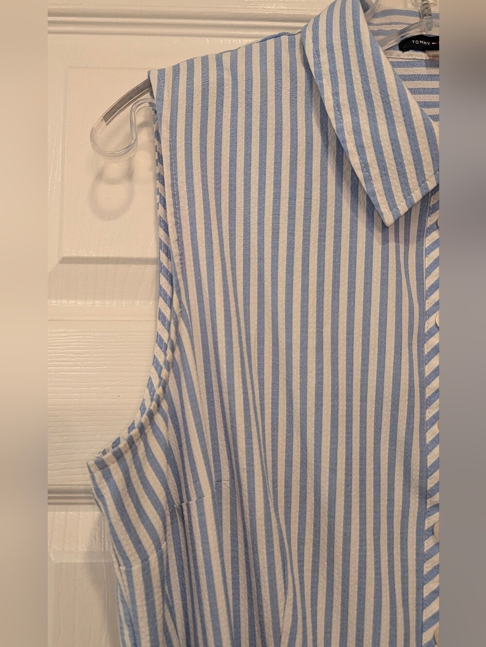 Tommy Hilfiger Seersucker Striped Shirt Dress Belted Sleeveless Size 14 Coatal - Picture 4 of 9